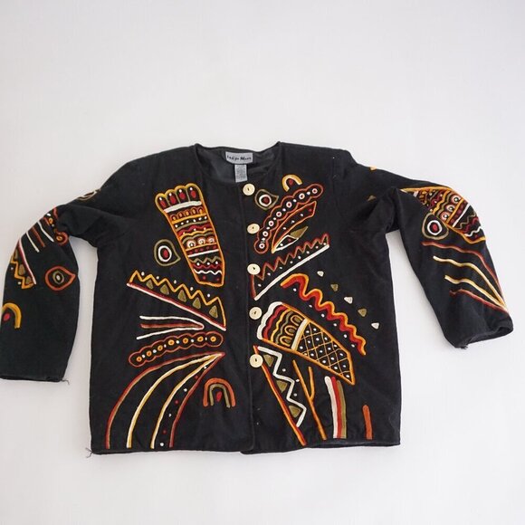 Jackets & Blazers - Vintage Indigo Moon Embroidered Black Jacket Boho Artsy Eclectic Grandmacore L